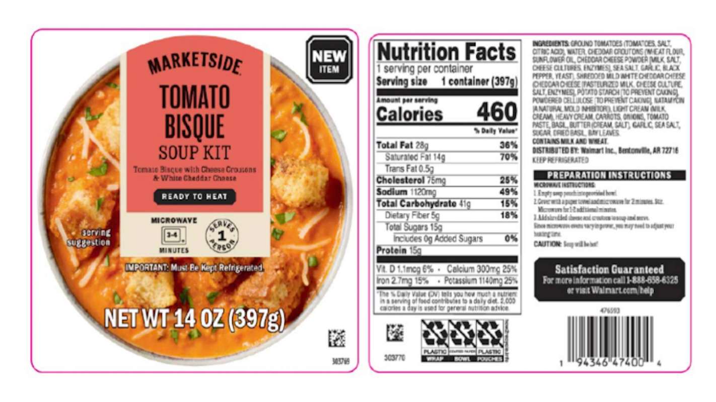 A package of Marketside Tomato Bisque Soup Kit with nutritional information and preparation instructions.