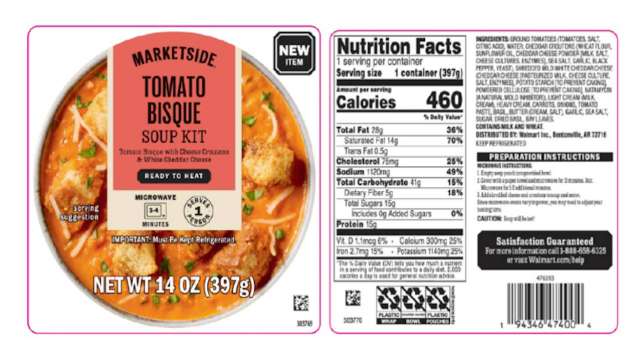 A package of Marketside Tomato Bisque Soup Kit with nutritional information and preparation instructions.