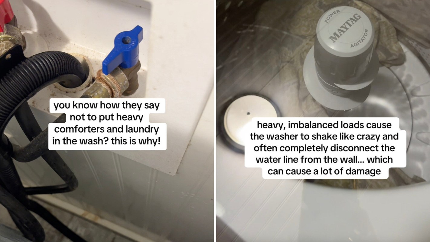An image showing the interior of a washing machine with a water line connection and captions about laundry load issues.