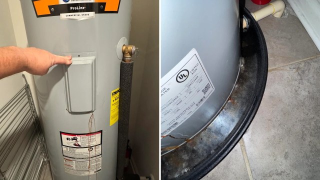 A water heater with rust stains.