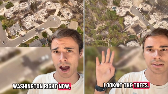 An aerial view shows burned structures in a neighborhood, with a man gesturing in the foreground.