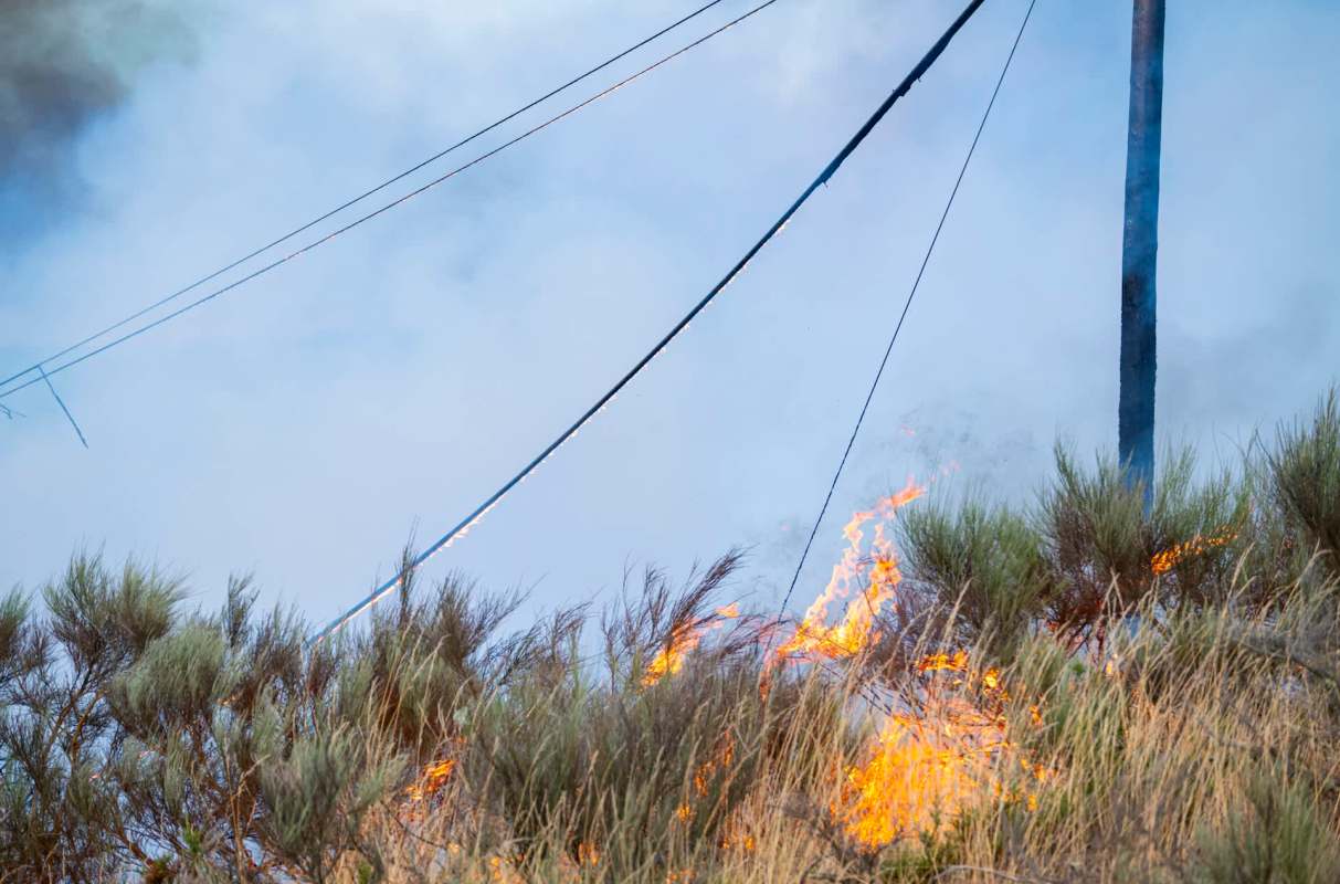 Flames and smoke rise from dry grass near power lines and a utility pole.