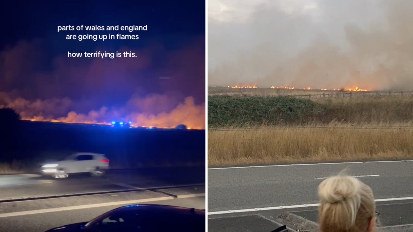 A landscape with flames and smoke, indicating a wildfire, near a road with vehicles and a person observing.