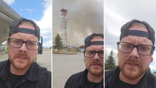 A man talking about a wildfire.