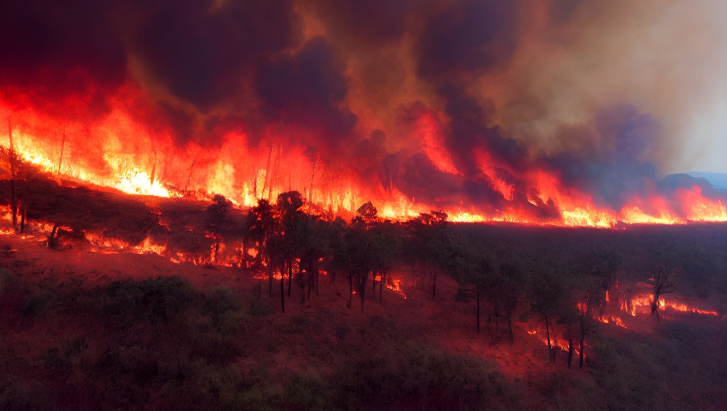 A wildfire engulfs a landscape, with flames and smoke rising into the sky.