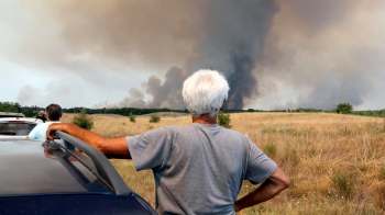 A group of people watches smoke rising from a fire in the background, with a field and trees in the foreground.