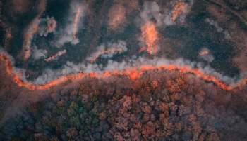 Aerial view of a landscape with a wildfire burning along the edge of a forest.