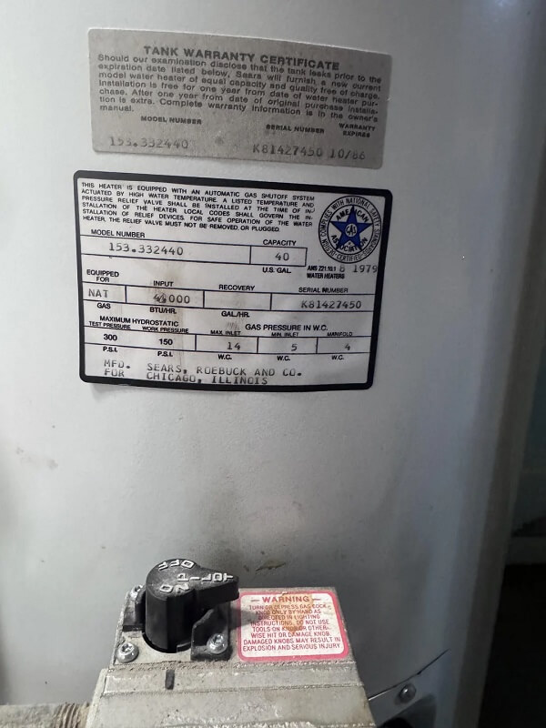 A label on a gas water heater with specifications and instructions for operation and safety.