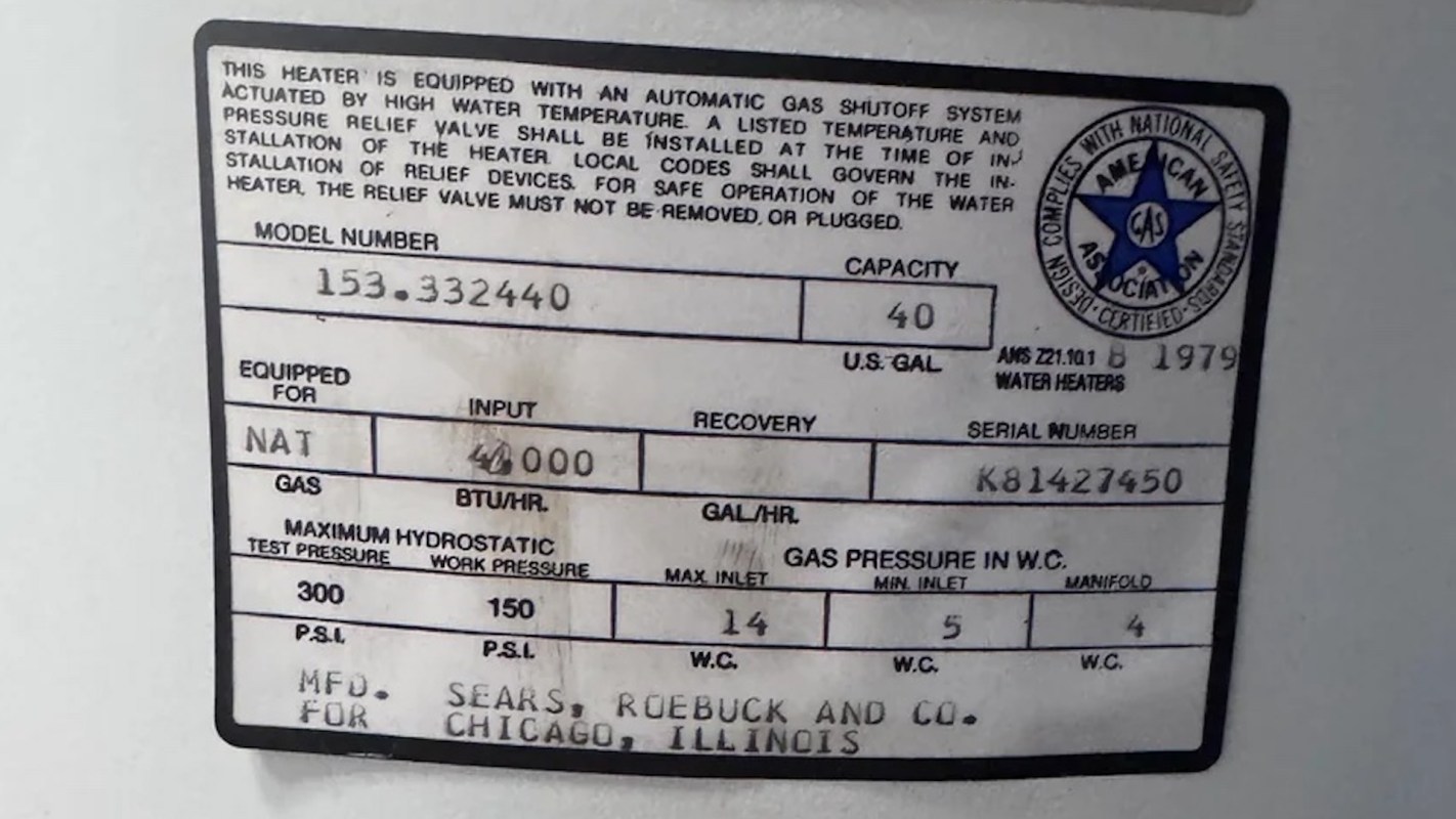 A label on a gas water heater with specifications and instructions for operation and safety.