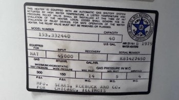 A label on a gas water heater with specifications and instructions for operation and safety.