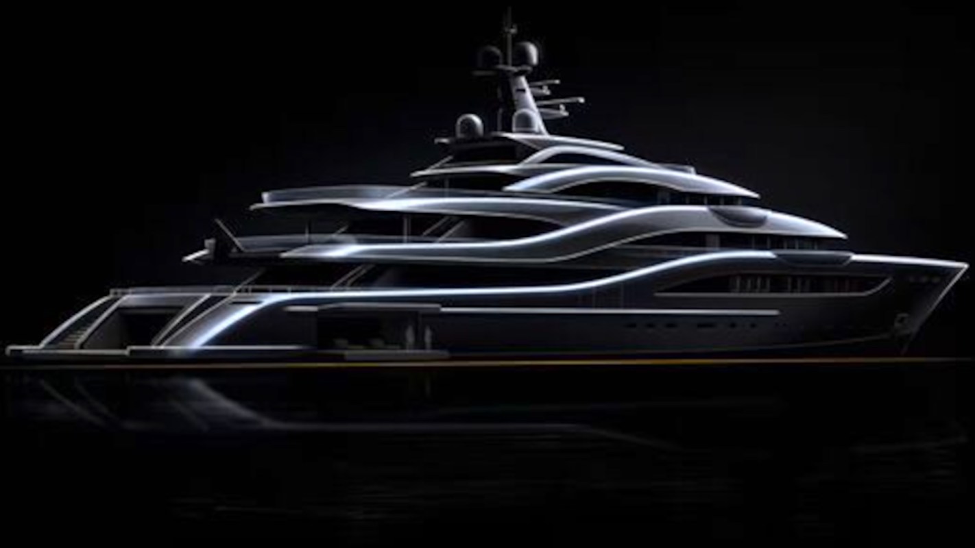 A modern luxury yacht with sleek lines and illuminated features against a dark background.