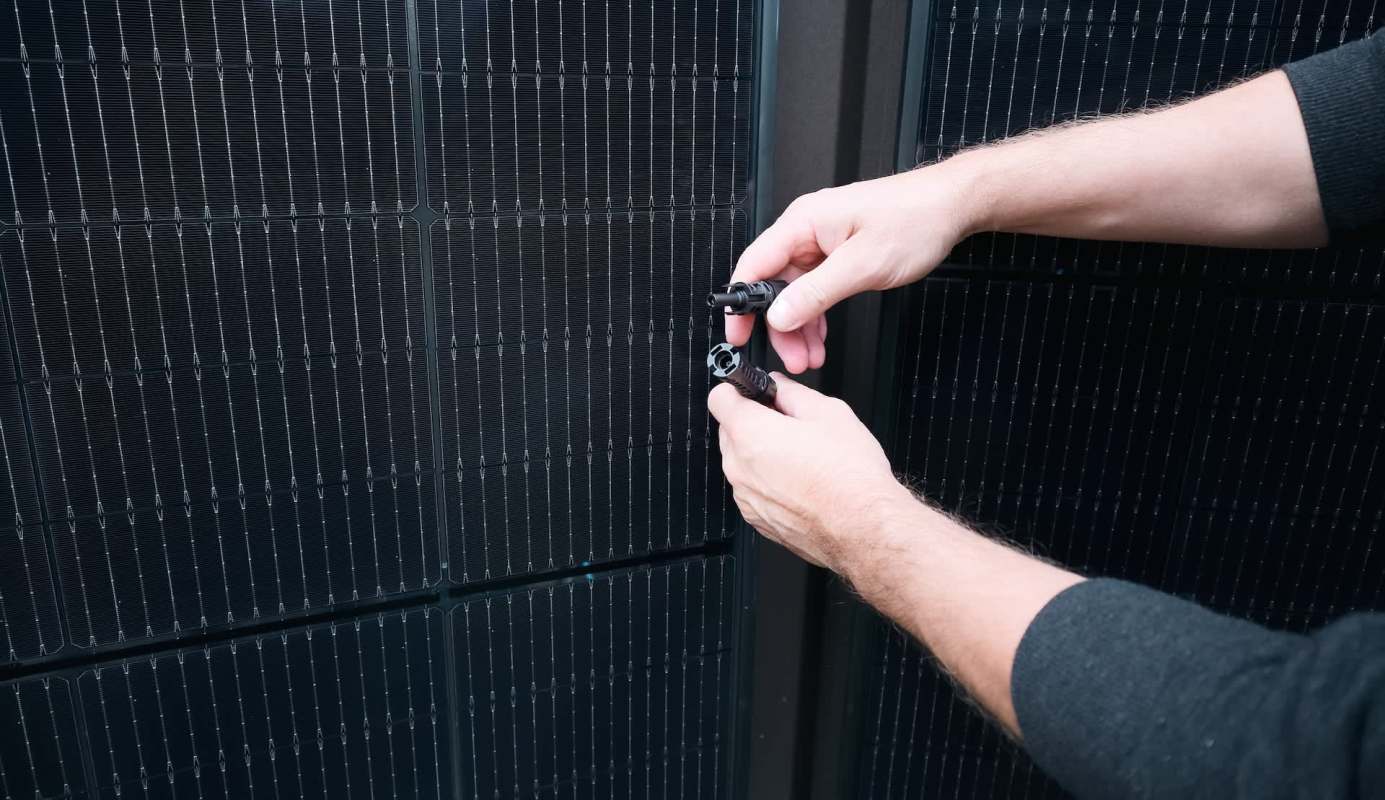A person connects cables to a solar panel.