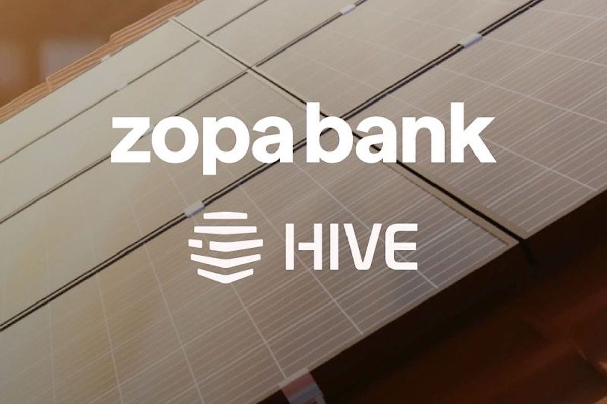 The logo of Zopa Bank and HIVE overlaid on a background of solar panels.