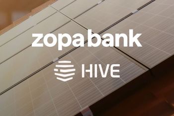 The logo of Zopa Bank and HIVE overlaid on a background of solar panels.