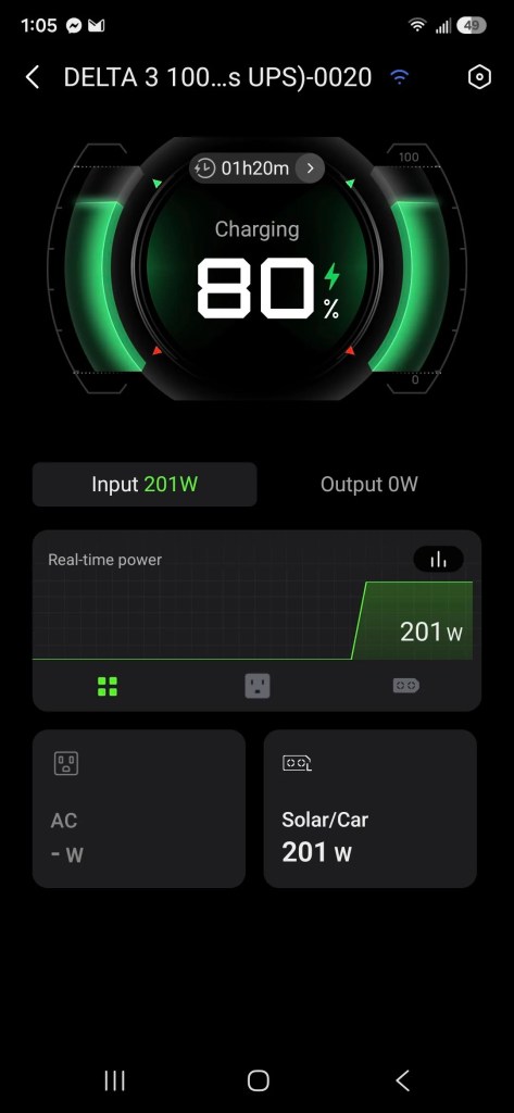 An app screen showing the charge levels of a solar panel setup.