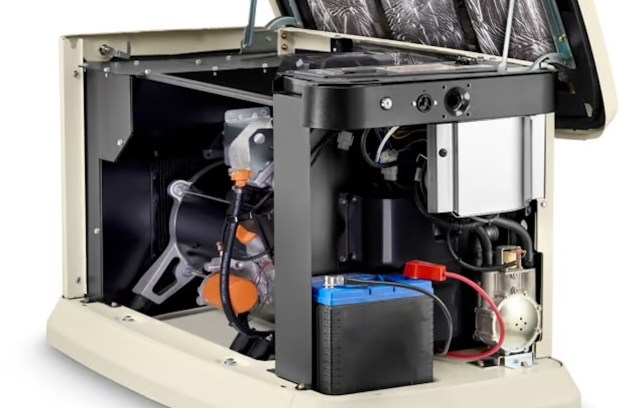 An open generator showing internal components including an engine, battery, and electrical wiring.