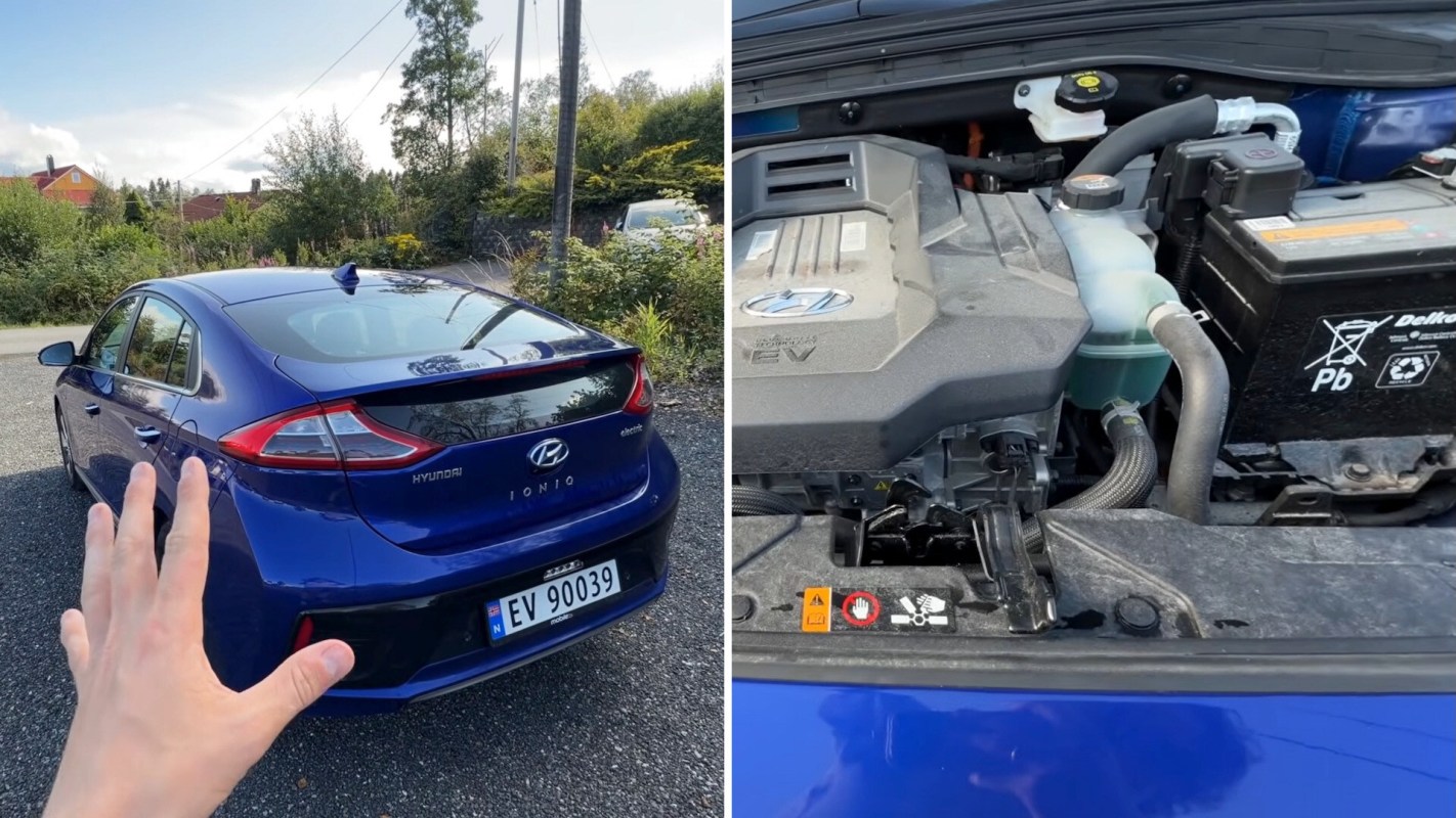A blue Hyundai Ioniq parked on a gravel road with a hand reaching toward it and an open engine compartment.