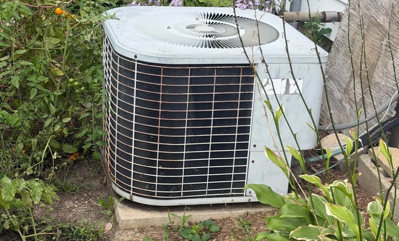 An air conditioning unit with some rust on its grill, surrounded by plants in a garden setting.