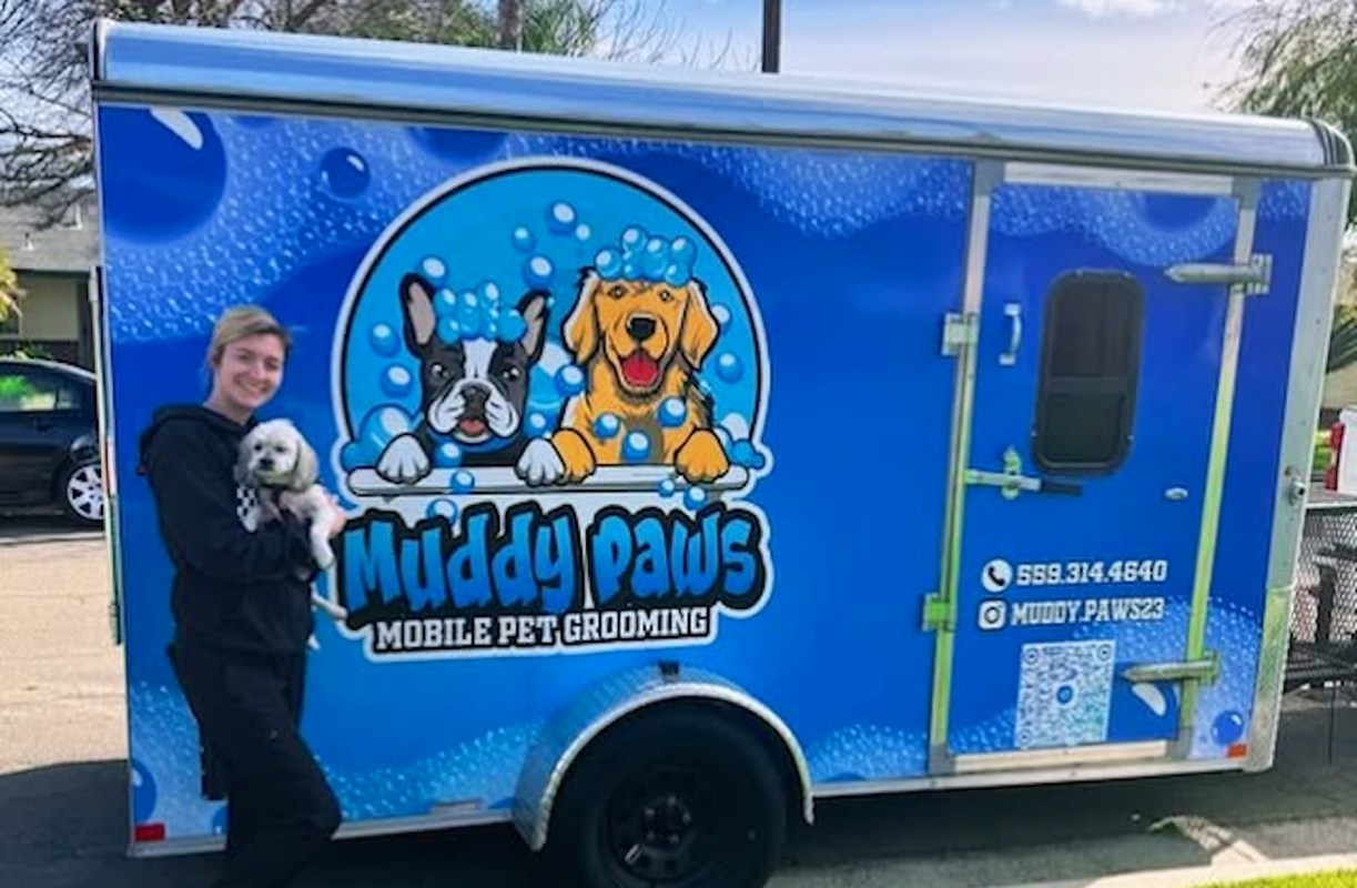 A person holds a small dog in front of a mobile pet grooming trailer with a blue design and cartoon dogs.