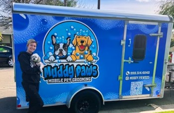 A person holds a small dog in front of a mobile pet grooming trailer with a blue design and cartoon dogs.