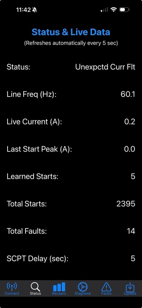 An app screen showing performance date from a generator.