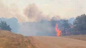 A fire burns alongside a dirt road, with smoke and flames visible among the trees.