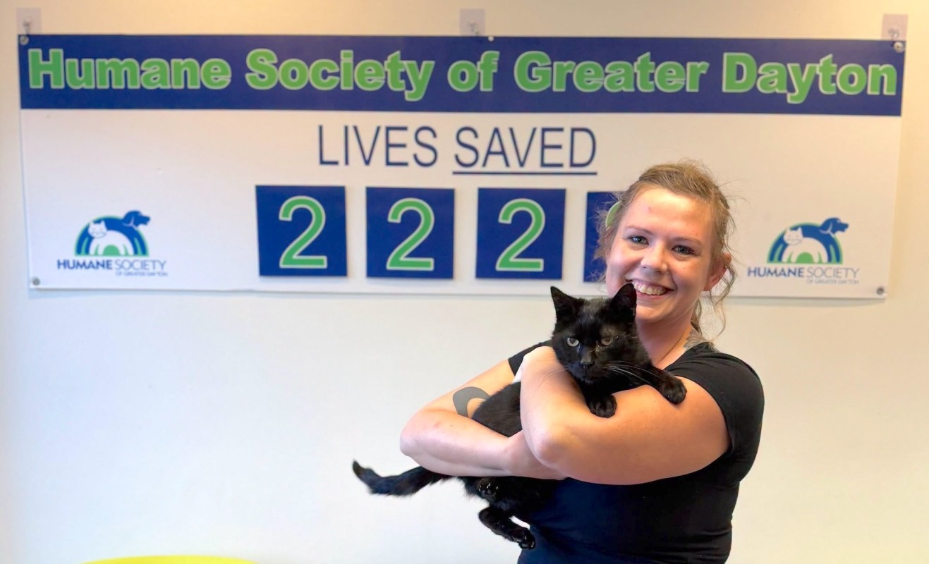 A woman holds a black cat in front of a sign displaying "Humane Society of Greater Dayton" and "Lives Saved 222."