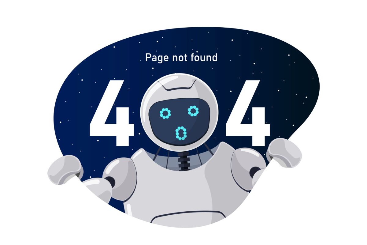 Cartoon robot with a 404 error page