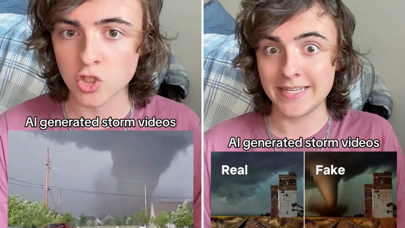 A person talking about AI-generated storm footage.