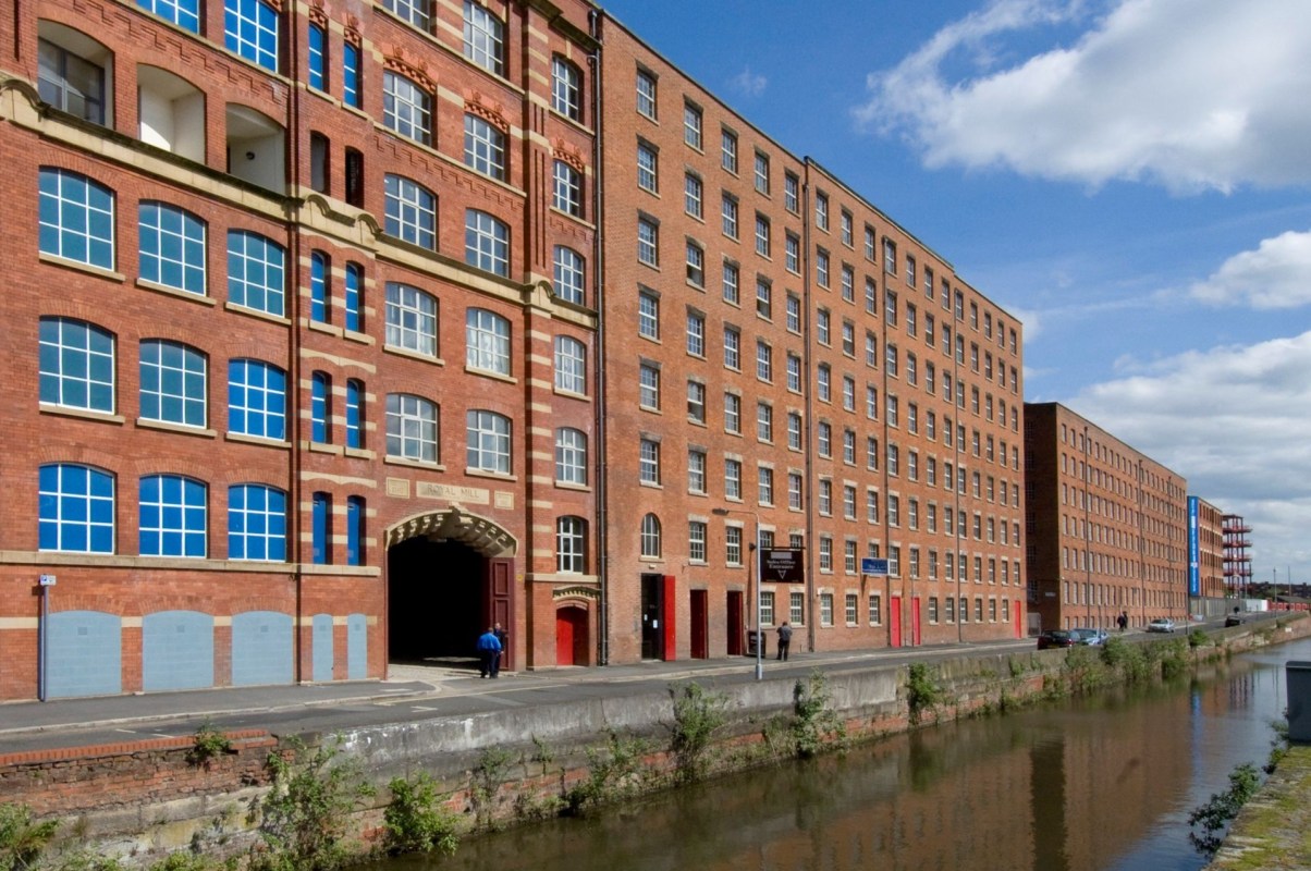 The Ancoats Canal in Manchester, England, alongside buildings