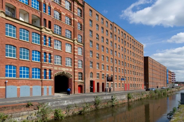 The Ancoats Canal in Manchester, England, alongside buildings