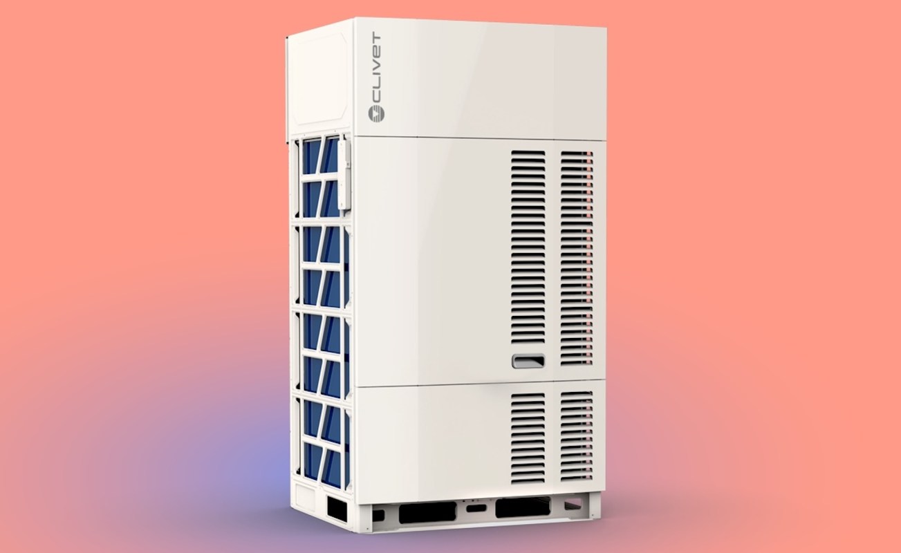 A modern air conditioning unit against a gradient pink background.