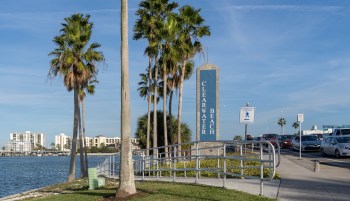 A sign for Clearwater Beach is surrounded by palm trees and a waterfront pathway, with parked cars nearby.