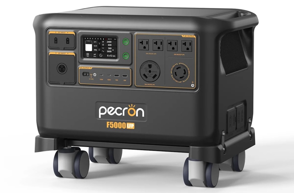 A portable power station with multiple charging ports and wheels for mobility.