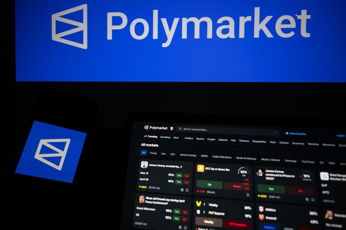 A computer screen displays Polymarket's interface with various market predictions and a logo.