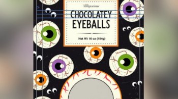 A package of chocolate treats shaped like eyeballs with colorful designs.