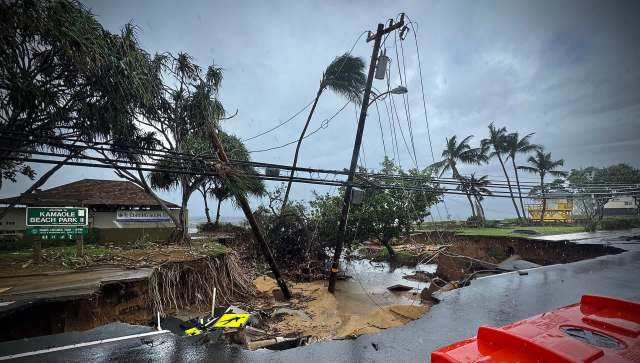 A damaged road at Kamaole Beach Park in Hawai'i with fallen power lines and uprooted trees.