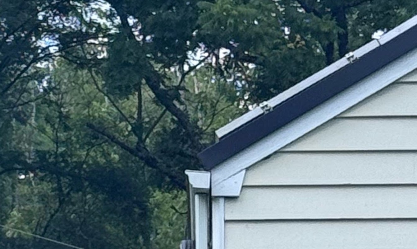 A corner of a house with a sloped roof, surrounded by trees.