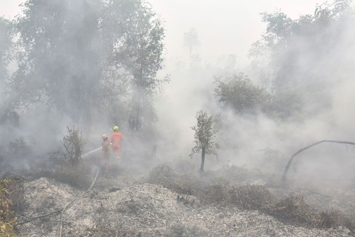 Firefighters tackling a wildfire in Indonesia.