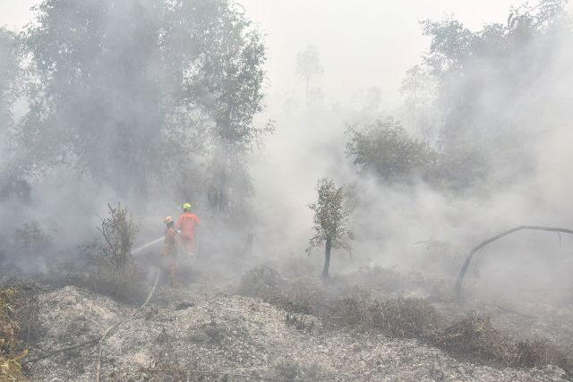 Firefighters tackling a wildfire in Indonesia.