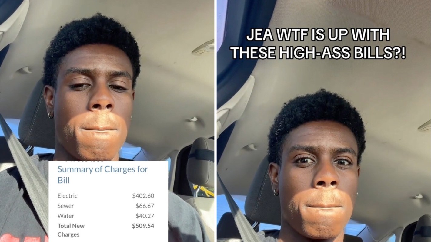 A person inside a car looks at a graphic showing high utility bill charges and expresses exasperation with his eyes.