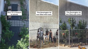A community garden transformed from a trash-filled lot to a landscaped space with trees and benches.