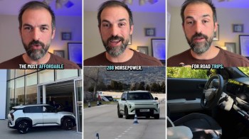 A series of four images featuring a man speaking, a car exiting a building, a car on a driving course, and an interior of a vehicle.