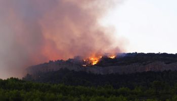 A forest fire burns on a hillside, with thick smoke rising into the sky.