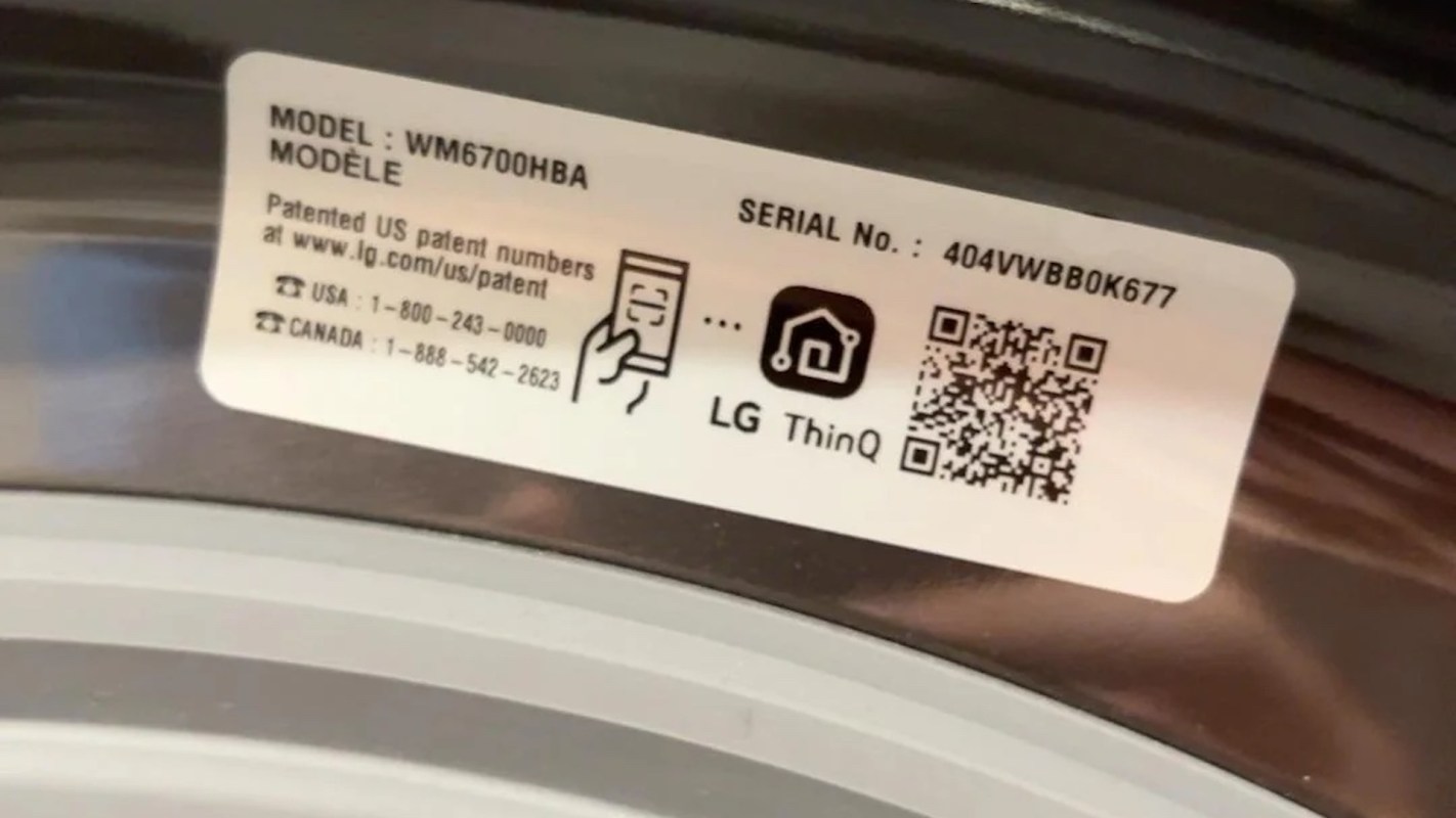 An LG washing machine product label.