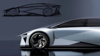 A futuristic car design with a sketch outline in the background.