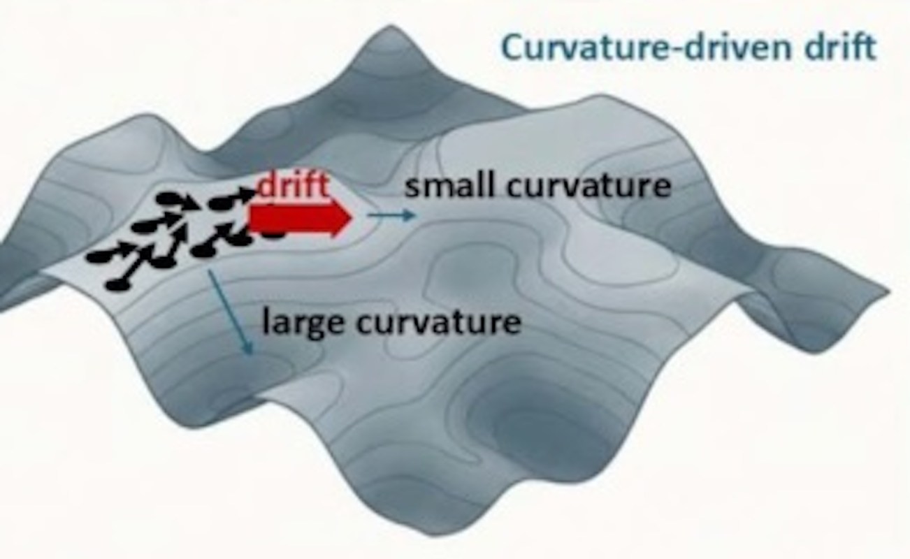 A diagram illustrating curvature-driven drift with arrows indicating movement on a surface with varying curvature.