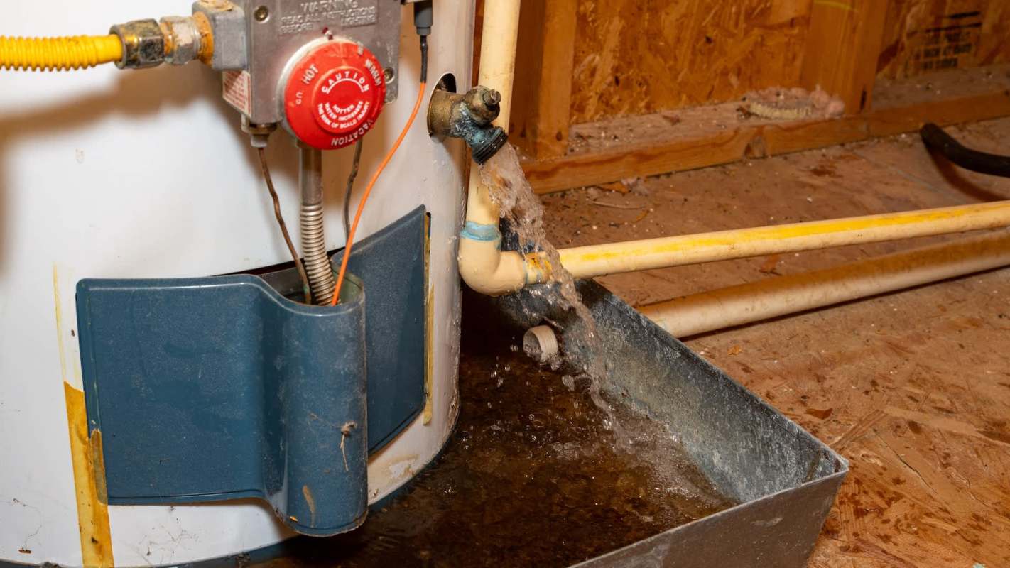 A water heater leaking water into a metal pan.