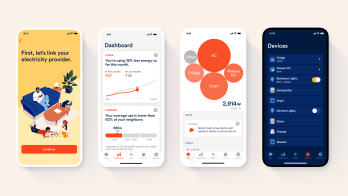 Two mobile phone screens display an energy usage app with various features like dashboard, device management, and usage statistics.