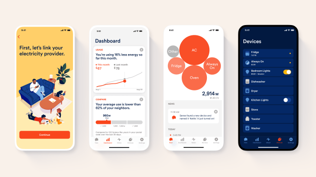 Two mobile phone screens display an energy usage app with various features like dashboard, device management, and usage statistics.
